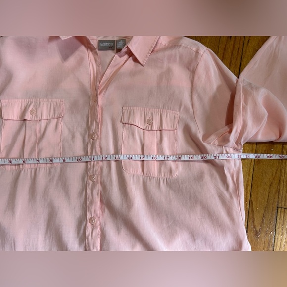 Chicos Blouse Top Womens Sz XL Blush Pink Sheer Button Front Roll Tab Sleeves - Picture 5 of 7
